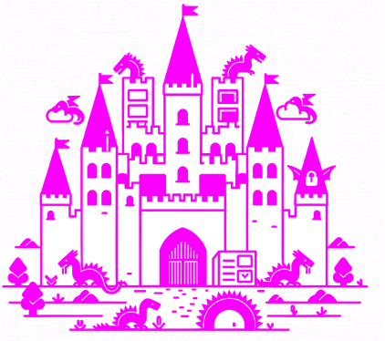 Image of a dragon behind a castle